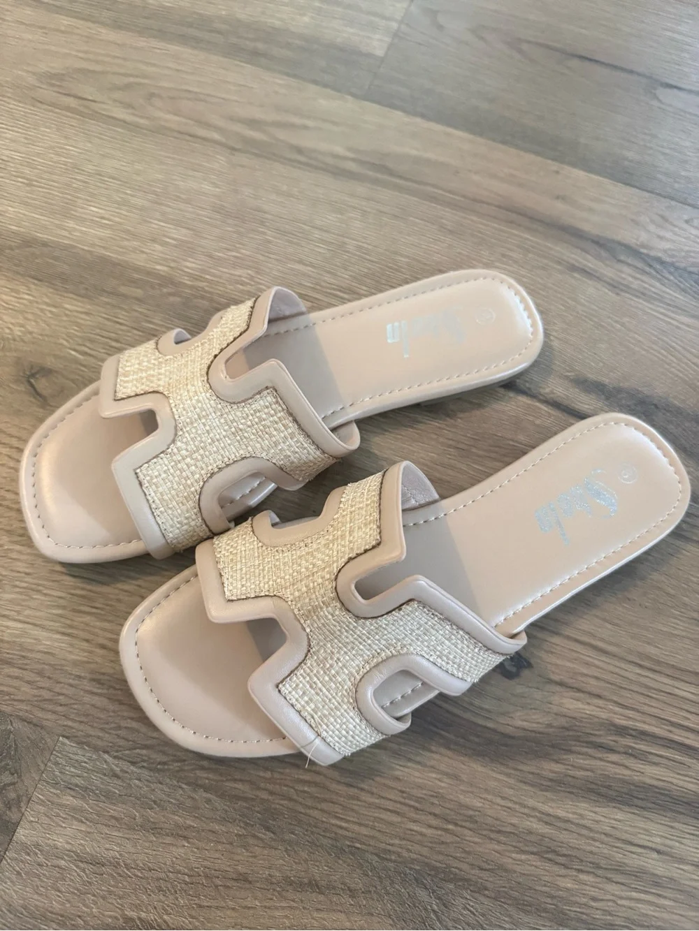 SHEIN Beige Raffia Trim Slide Sandals